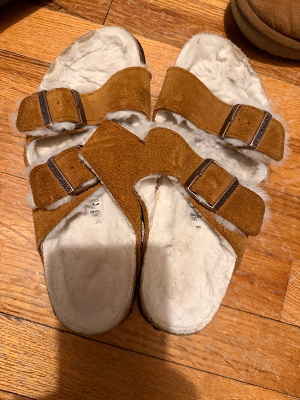 Birkenstock Suede Double Buckle Shearling Lined Slides - Brown